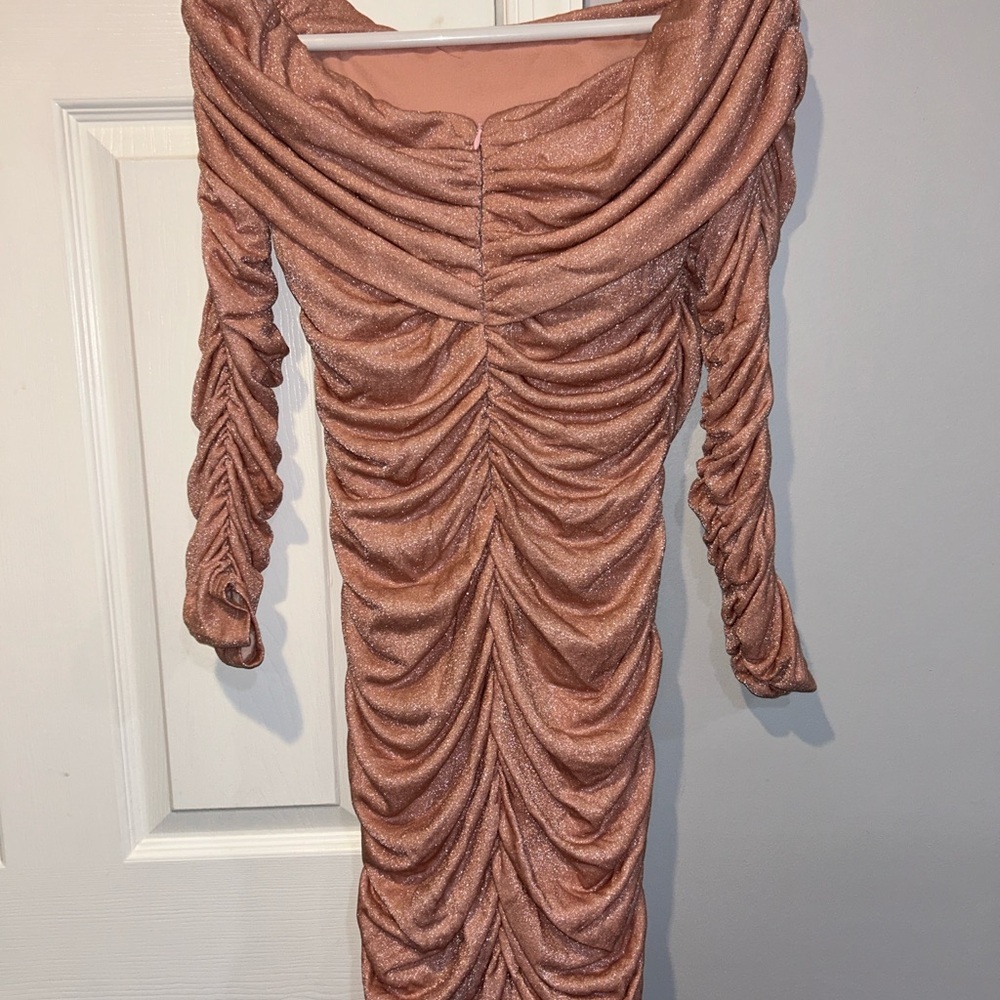 Ruched Long-Sleeve Metallic Rose Gold Midi Dress